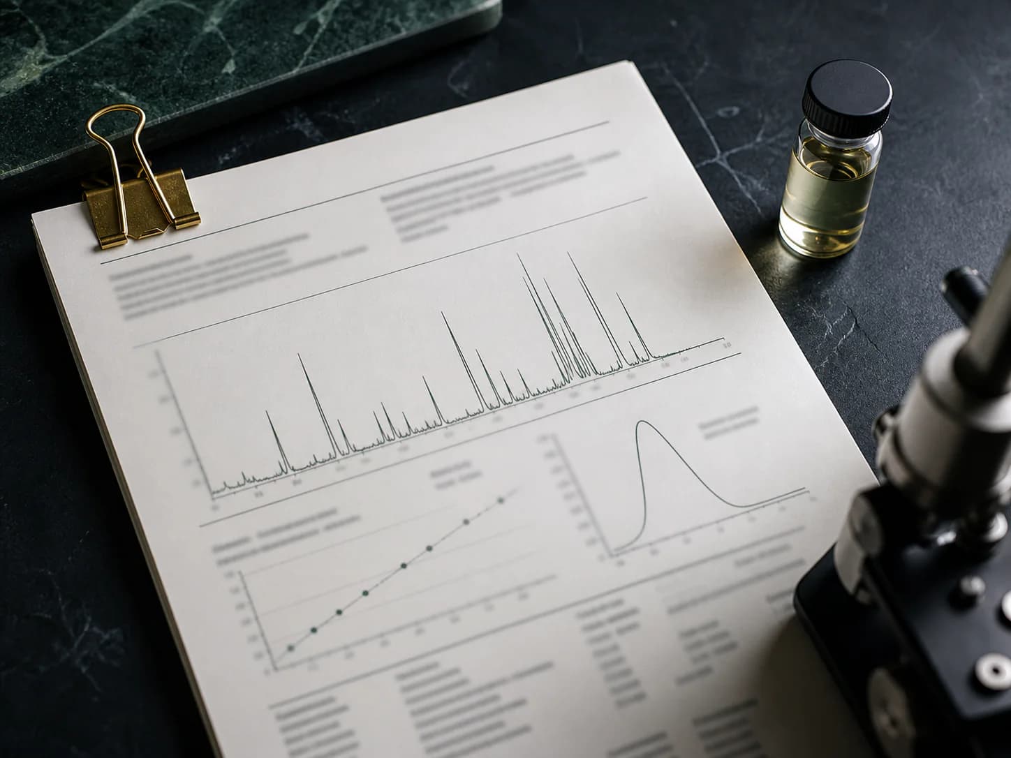 Chromatogram and analytical report beside a laboratory sample vial