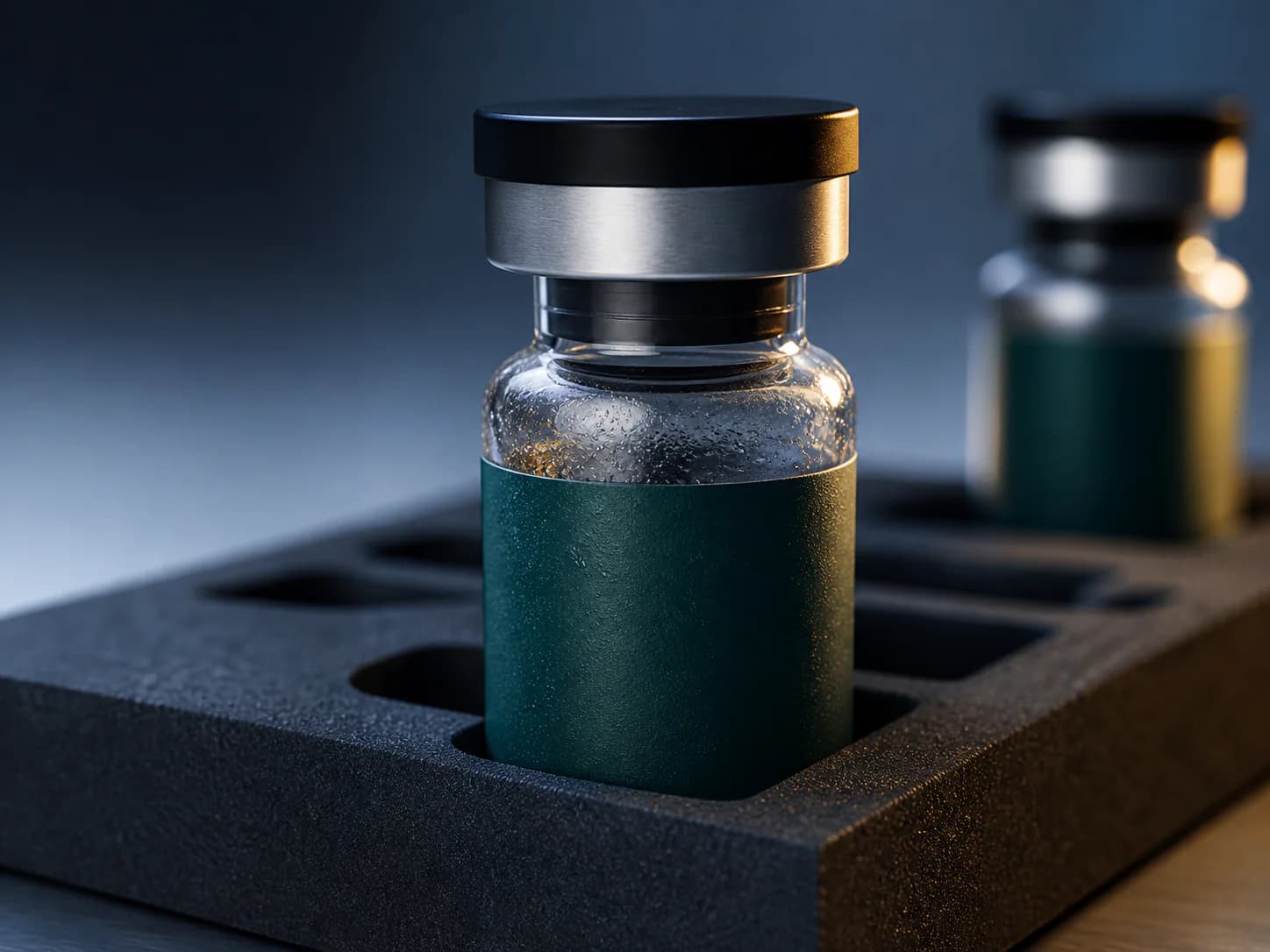 Research vial secured in protective laboratory packaging
