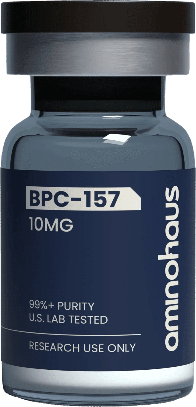 AminoHaus BPC-157 10MG vial, right of the cluster