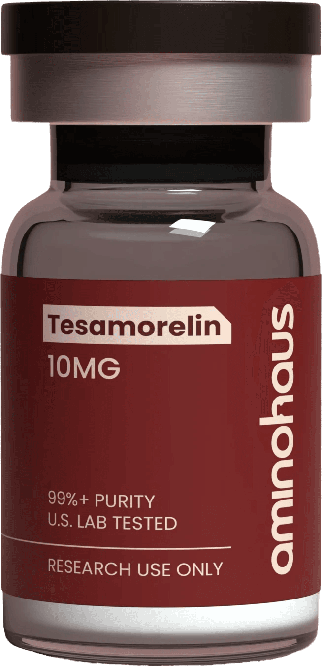 AminoHaus Tesamorelin 10MG vial, left of the cluster